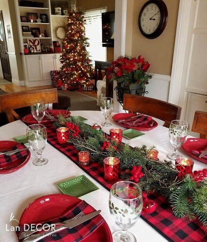 Runner caro đỏ trải bàn ăn sang trọng cho mùa lễ hội, nghỉ lễ sang trọng, cao cấp- TBR429