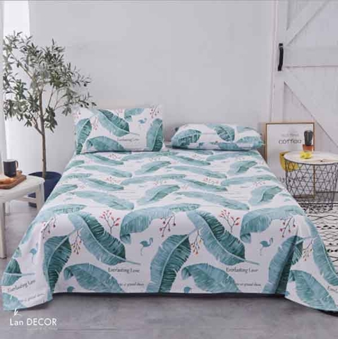 Ga giường bo chun vải họa tiết lá chuối xanh nền trắng- BMG505 ( đệm dày 5-10cm)