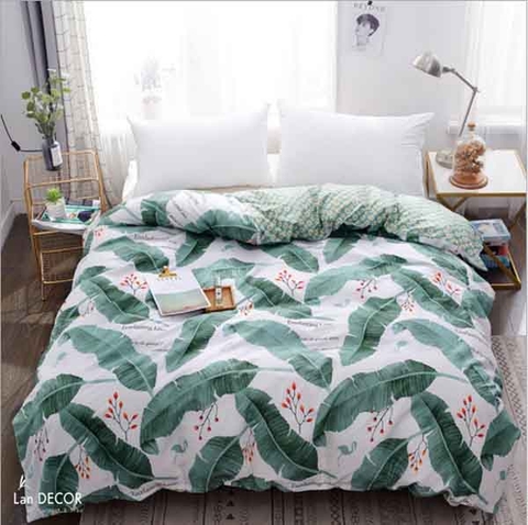 Ga giường bo chun vải họa tiết lá chuối xanh nền trắng- BMG505 ( đệm dày 5-10cm)