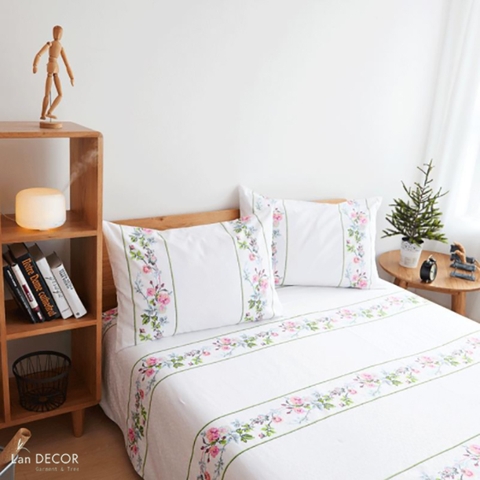Bộ chăn ga gối thiết kế Landecor mẫu thêu hoa dây Vintage - BCG550