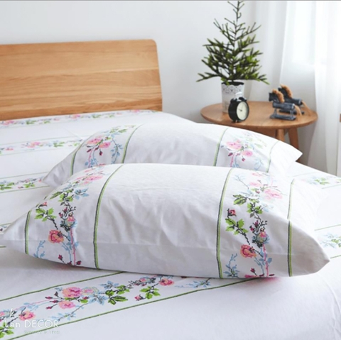 Bộ chăn ga gối thiết kế Landecor mẫu thêu hoa dây Vintage - BCG550