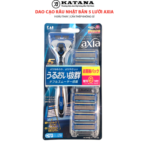 Dao cạo râu cao cấp Nhật KAI Axia 5 Blade (9 đầu thay) AX-9BS - Cán thép không gỉ