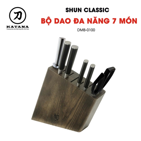 Bộ dao 7 món bếp Nhật cao cấp KAI Shun Classic - Bộ 4 dao thái thịt, đa năng kèm kéo, thanh liếc dao và hộp cắm gỗ DMB0100