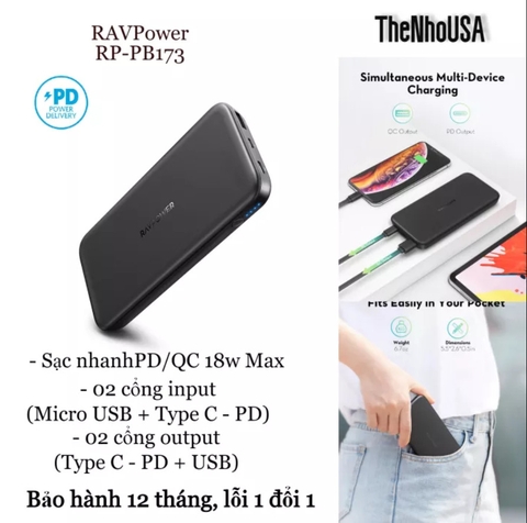 PIN RAVPOWER 10.000MAH 18PD PIONEER