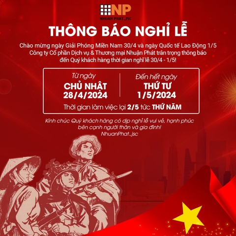 THÔNG BÁO NGHỈ LỄ 30/04 - 01/05