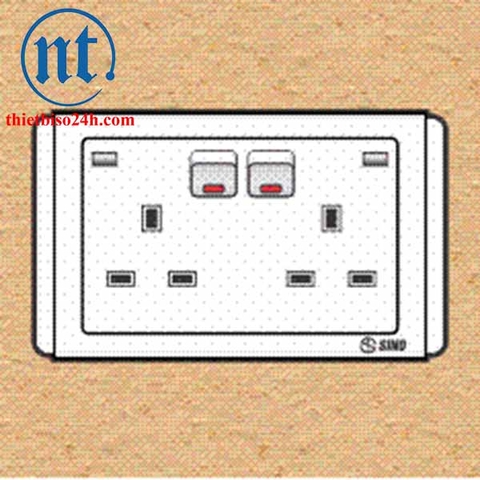 Ổ cắm đôi 13A, 3 chấu vuông kiểu Anh có công tắc và đèn báo - S6825SN