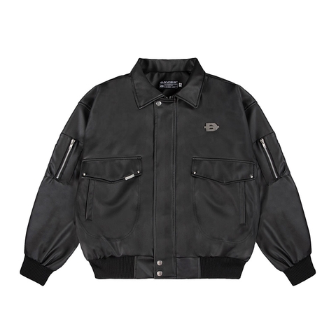 áo khoác bomber croptop chất da và dù, cổ bẻ bo chun dù, da túi hộp tay áo