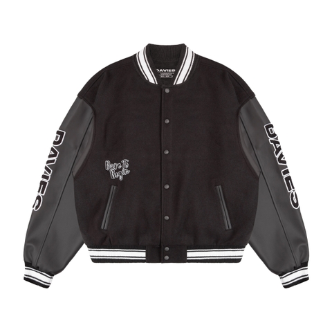 Áo varsity nỉ đen tay phối da nút bấm DAVIES