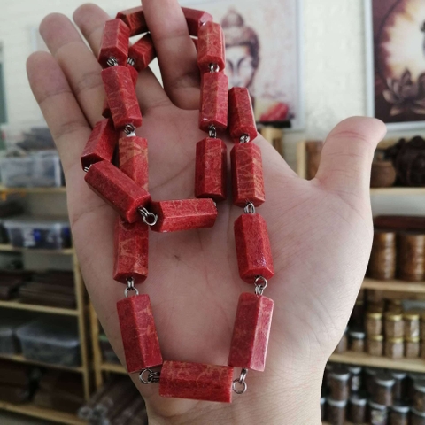 Dây Chuyền San Hô Đỏ Tự Nhiên Đốt Trúc Lục Giác 10li