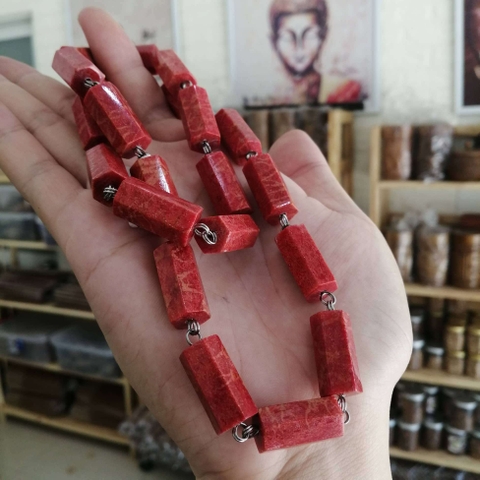 Dây Chuyền San Hô Đỏ Tự Nhiên Đốt Trúc Lục Giác 10li