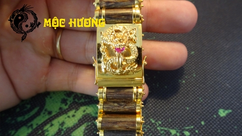 VÒNG TRẦM HƯƠNG BĂNG ĐẠN MIX MẶT RỒNG BỌC VÀNG 18K