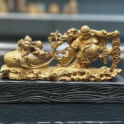 Tượng Gỗ Trầm Hương Phật Di Lặc Kéo Bao Tiền Để Xe