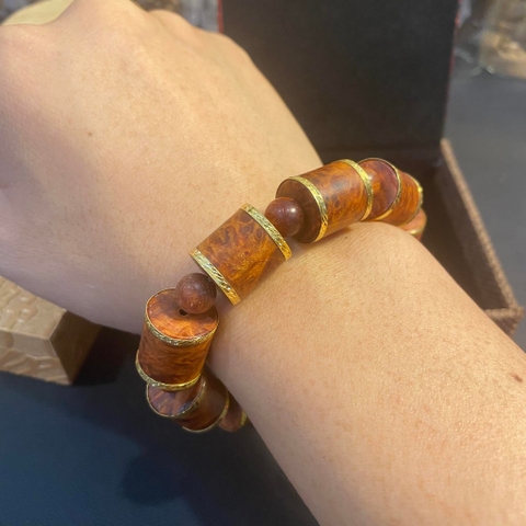 Vòng Nu Hoa Huyết Long Trúc 14mm Chọn Vân Bọc Vàng 18k