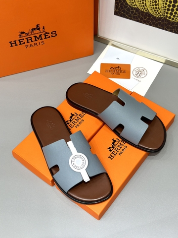 Dép lê sandal Hermes Quai Xám đế Nâu Đế gỗ da bò bản Like Auth 1-1 on web Full 3 box bill thẻ phụ kiện