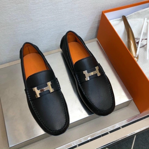 Giày moca Hermes logo chữ H bạc da bò Like Auth 1-1 on web fullbox