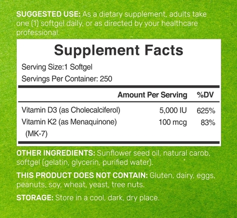 Deal Supplement Vitamin D3 + K2 5000IU (250 Viên)