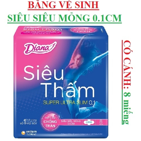 Băng vệ sinh Diana siêu thấm chống tràn siêu siêu mỏng 0,1cm có cánh 8 miếng