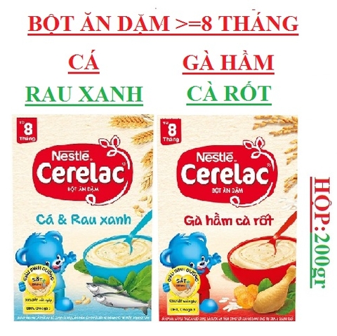 Bột ăn dặm cá và rau xanh, bột ăn dặm gà hầm cà rốt Nestle' hộp 200gr