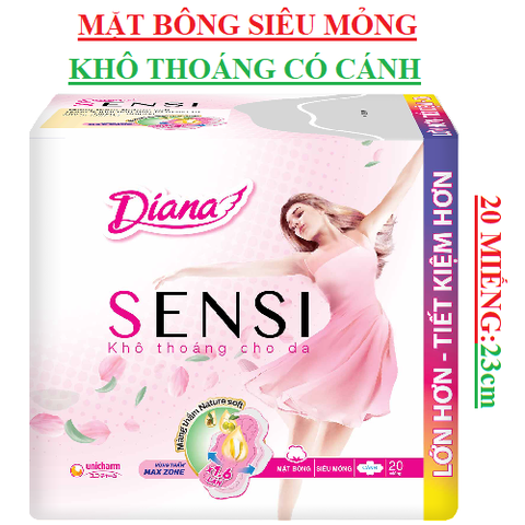 Băng vệ sinh mặt bông siêu mỏng khô thoáng Diana sensi có cánh 20miếng 23cm