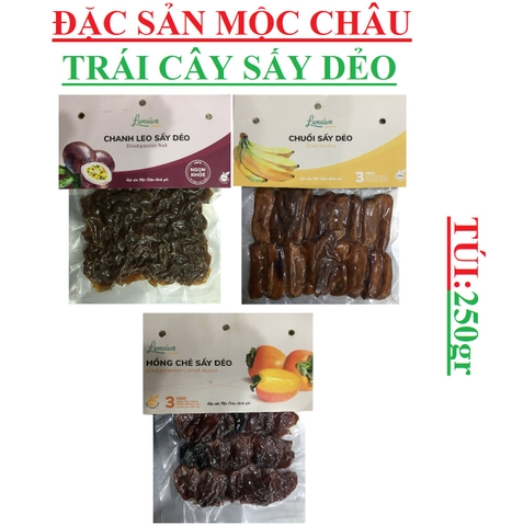 Trái cây sấy dẻo Mộc châu, chuối sấy dẻo, hồng sấy dẻo, chanh leo sấy dẻo túi 250gr