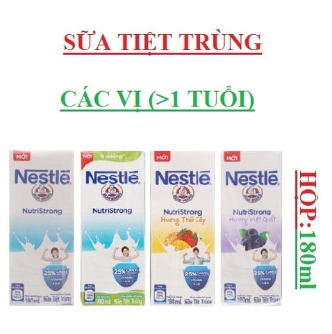 Sữa tiệt trùng Nestle NutriStrong hộp 180ml, có đường, ít đường, hương trái cây, hương việt quất
