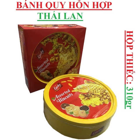 Bánh quy hỗn hợp Thái Lan Lucky Assorted biscutits tròn hộp thiếc 310gr