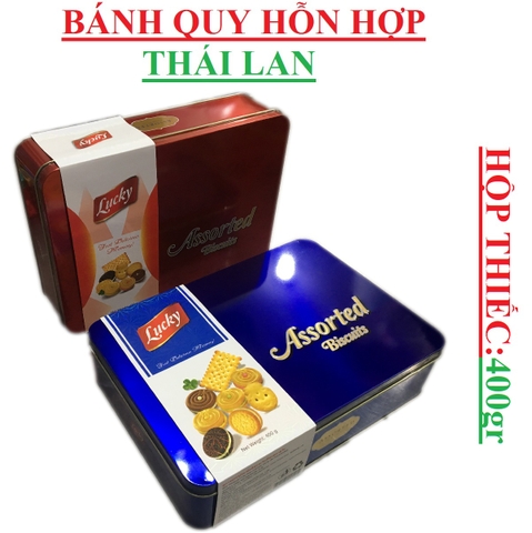 Bánh quy hỗn hợp Thái Lan Lucky Assorted biscutits chữ nhật hộp thiếc 400gr