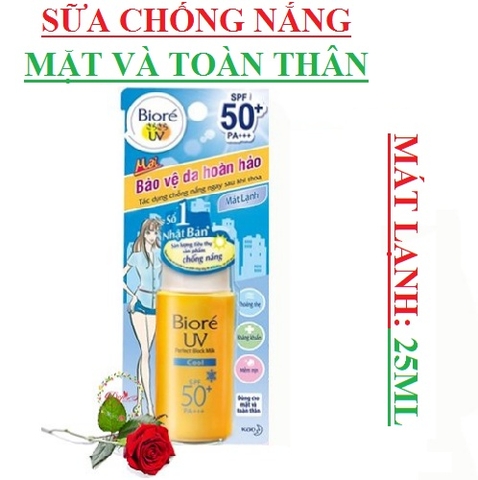 Sữa chống nắng biore kháng khuẩn SPF50+/PA+++ 25ml(mặt và toàn thân) mát lạnh, Trắng mịn, dưỡng ẩm