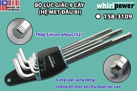 Bộ lục giác chữ L 9 cây (hệ Met đầu bi) Whirlpower 158-3109