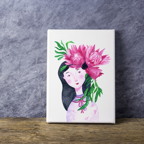 Tranh Girl with flower, watercolor