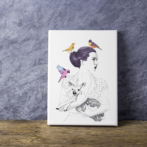 Tranh Lady with deer, birds, fashion