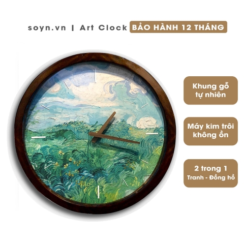 Đồng hồ treo tường gỗ tự nhiên hình tròn Van Gogh D33cm, máy kim trôi không ồn, Quà tặng tân gia, Artclock Soyn SC05