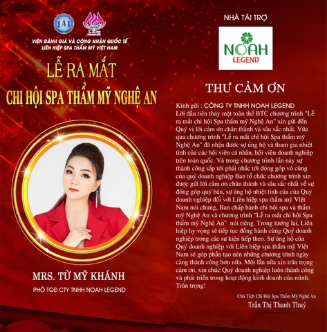 Noah Legend trở thành nhà tài trợ Kim Cương tại sự kiện “Ra mắt Chi hội spa thẩm mỹ Nghệ An”