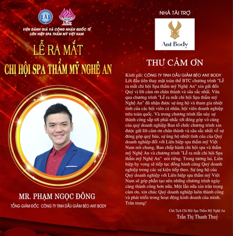 Công ty tinh dầu giảm béo Ant Body trở thành nhà tài trợ Đồng tại sự kiện “Ra mắt Chi hội spa thẩm mỹ Nghệ An”