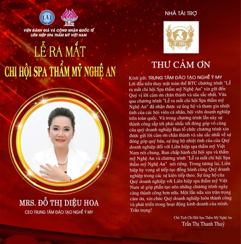 Trung tâm đào tạo nghề thẩm mỹ Ý My tặng Khoá đào tạo “Chuyên gia kế thừa” tại sự kiện “Ra mắt Chi hội spa thẩm mỹ Nghệ An”