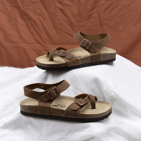 Sandal unisex xỏ ngón da bò nâu handmade