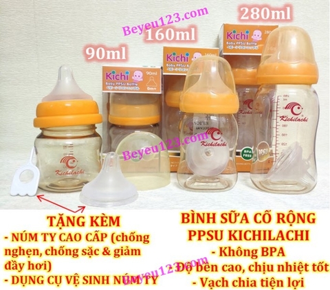 90ml/160ml/280ml - Bình sữa cổ rộng PPSU cao cấp KICHILACHI (Công nghệ Nhật)