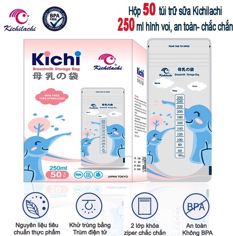 (Mẫu mới) Hộp 50 túi trữ sữa mẹ 250ml Hình Voi Kichilachi K50 - Nhật