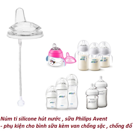 Núm ti silicone hút nước , sữa Philips Avent - phụ kiện cho bình sữa kèm van chống sặc , chống đổ