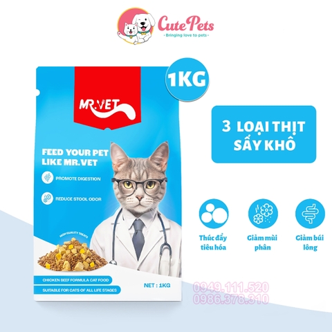 Hạt mèo MR.VET túi 1kg thức ăn mèo Mix thịt sấy - Cutepets