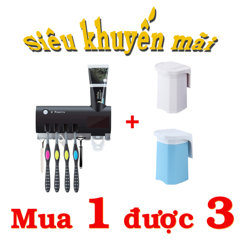 Máy khử trùng bàn chải đánh răng có chức năng nhả kem đánh răng tự động Puretta diệt khuẩn 99,98%