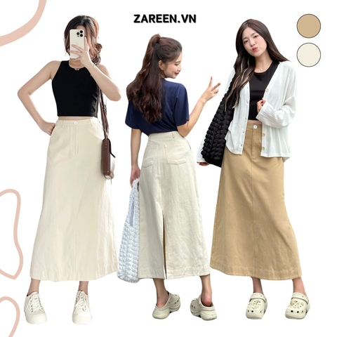 CHÂN VÁY KAKI DÀI XẺ VẠT SAU ZAREEN VAD16