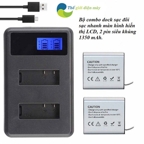 combo 1 dock sạc đôi LCD và 2 pin 1350mah chính hãng