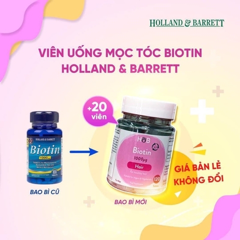 Viên uống mọc tóc Biotin HOLLAND AND BARRET 1000mg 120V