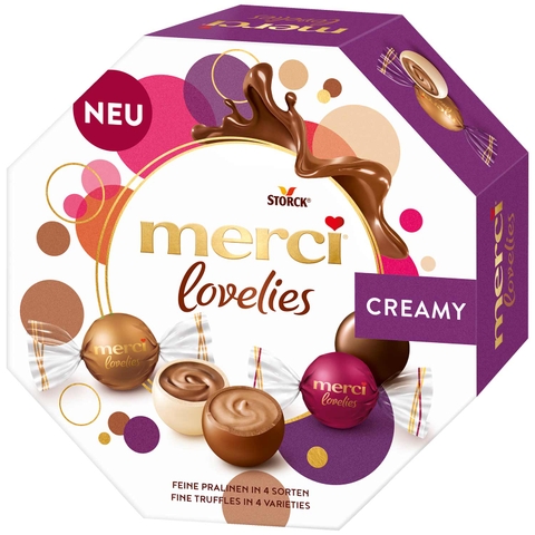 Kẹo Socola Merci Đức hộp bìa hình ngũ giác 185g ( màu tím Creamy)