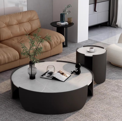 Bàn Sofa Tròn Đôi Sitana Mặt Ceramic Màu Xám Chân Sắt Sơn Đen - BT320.3