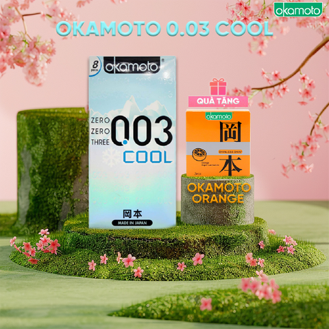 Bao Cao Su Okamoto 0.03 Cool Siêu mỏng Bóng Láng Mát lạnh Hộp 8 Cái