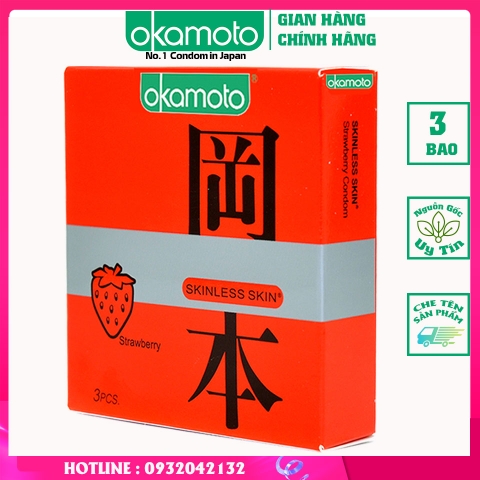 Bao Cao Su Okamoto Skinless Skin Strawberry Hương Dâu Hộp 3 Cái