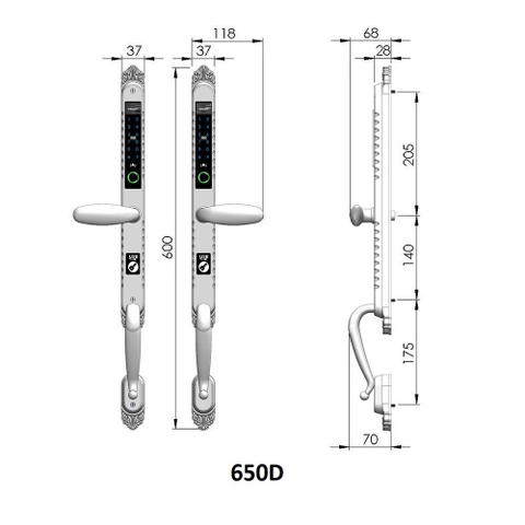 Khóa cửa điện tử vân tay 2 chiều Turlock 650D dùng cho cửa nhôm cửa nhựa