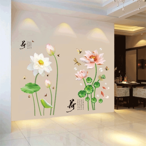 Decal dán tường hoa sen combo Kích Thước Lớn trang trí phòng sang trọng